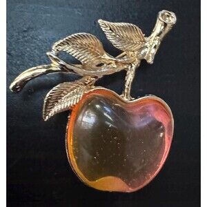Vintage Peach Apple Gold Fruit Leaf Crystal Rhinestone Brooch Pin B28